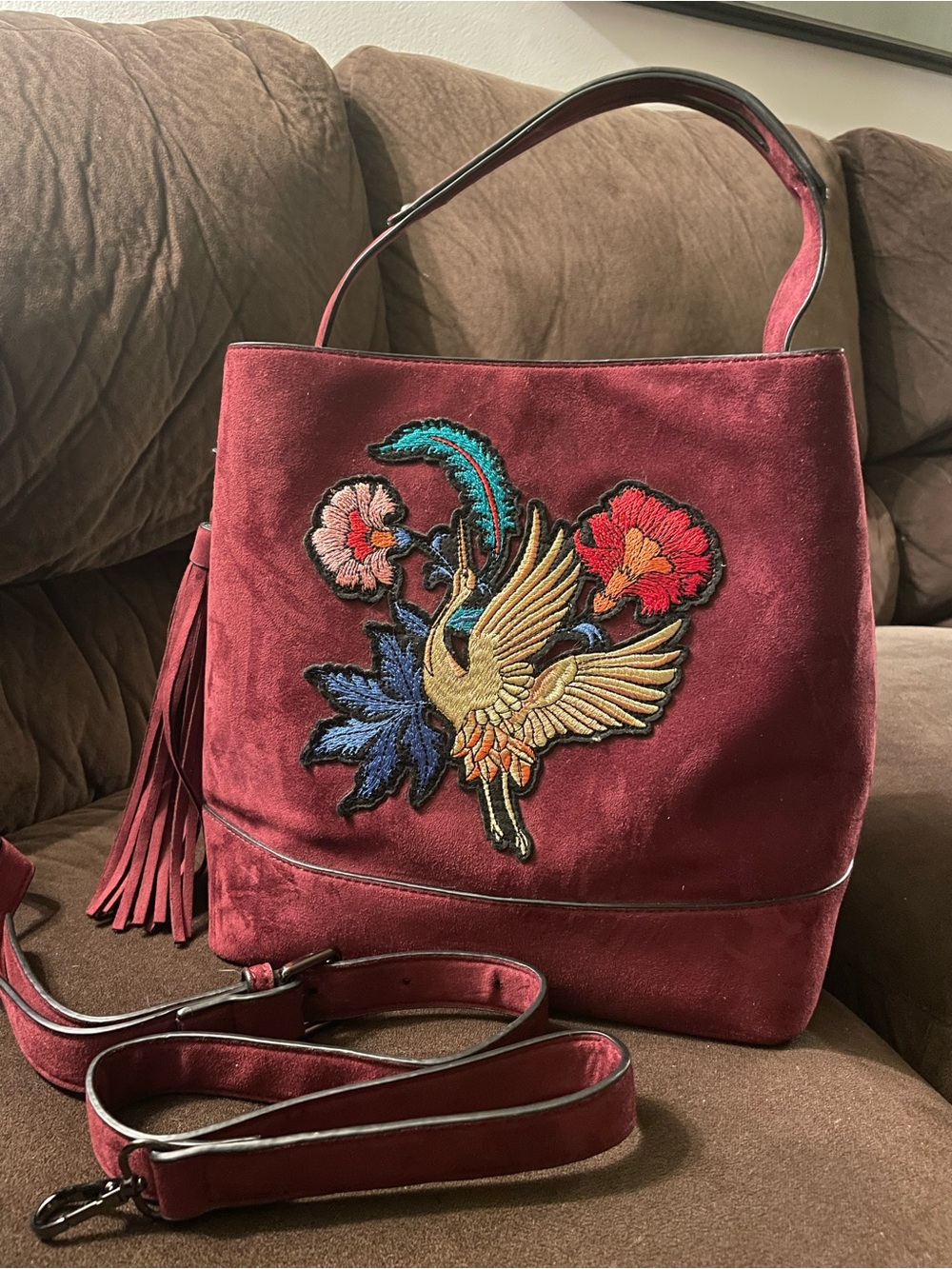 Embroidered Suede Shoulder Bag in Wine Red with Bird Motif